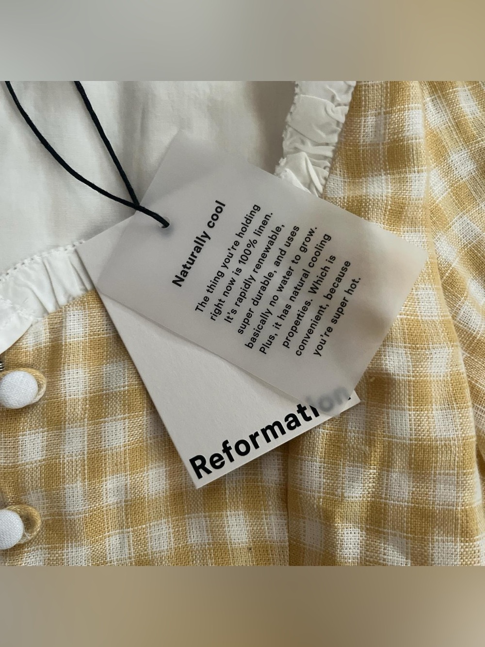 Reformation Linen Yellow Gingham Puff-Sleeve Button Front Top - Picture 2 of 3